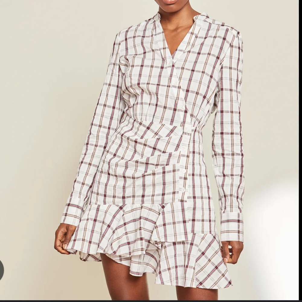 Veronica Beard White Plaid Long-Sleeve Wrap Dress